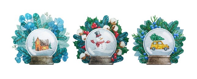 watercolor christmas illustrations with snow globes.