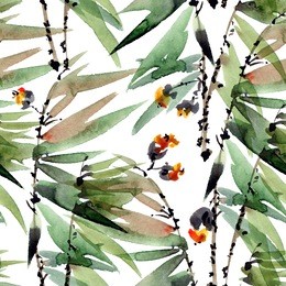 watercolor and ink illustration of tree foliage in style sumi-e, u-sin. oriental traditional painting. seamless pattern.