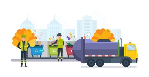 containers with waste for recycle garbage, on autumn street of city. waste management with, garbage truck and trash bins. sanitation workers clean up trash by sorting it. illustration isolated.