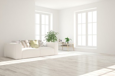 idea of white minimalist room with sofa. scandinavian interior design. 3d illustration