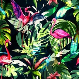 seamless background floral pattern. tropical leaves with three flamingos around on dark. hand drawn, vector - stock.