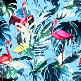 seamless background floral pattern. tropical leaves with three flamingos around on light blue. hand drawn, vector - stock.