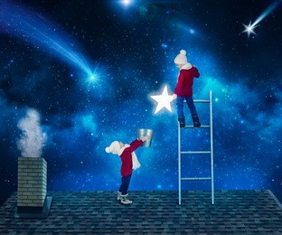 two brothers in christmas night standing on the roof of the house and collect the stars from the sky in a bucket.merry christmas .