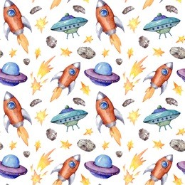 watercolor seamless pattern with rockets, flying saucer, stars, asteroids. cute background with space objects. childish space 