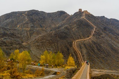 overhanging great wall in jiayuguan, china. the west end of the great wall of china