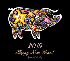 2019 happy new year greeting card. celebration black background with  pig and place for your text. vector illustration