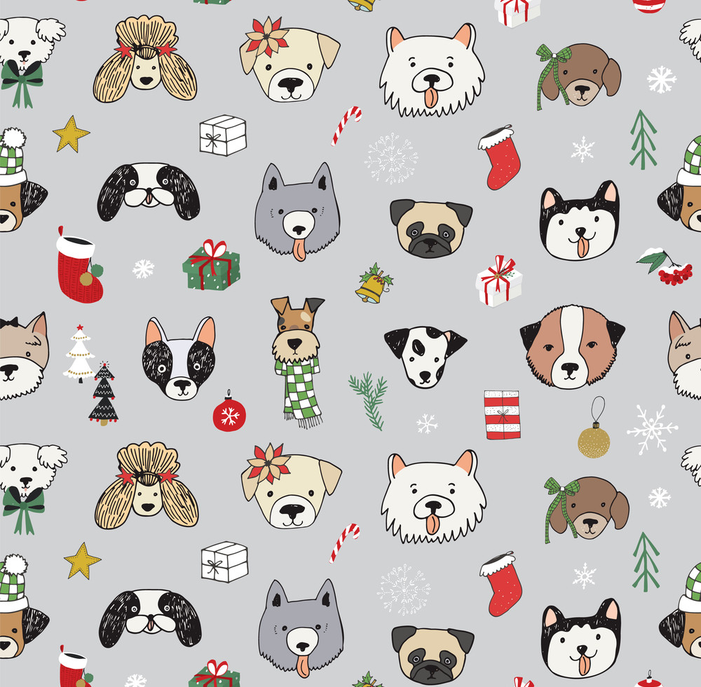 christmas dogs doodle seamless vector pattern