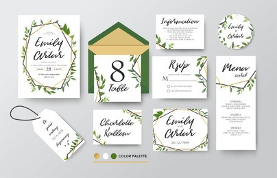 wedding invite, menu, rsvp, thank you label save the date card design with forest green leaves various greenery foliage, eucalyptus, fern & golden geometric frame. vector rustic delicate chic layout 

