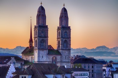 morning at grossmünster the protestent church in zurich, switzerland 