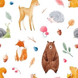 watercolor pattern with cute animals, forests pattern, baby wallpapers.  deer, squirrel, fox, bear, hedgehog, snail, berries and leaves