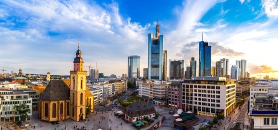 panorama of frankfurt, germany in a summer evening