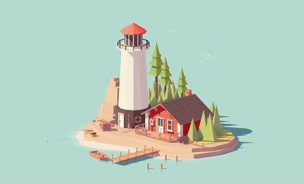 vector low poly lighthouse tower with small buildings on the island