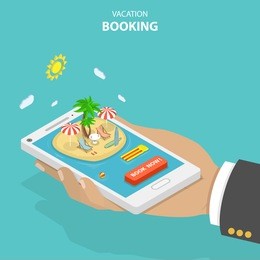 vacation booking flat isometric low poly vector concept. big hand is holding a smartphone with resort island, palms, loungers, umbrella, surf boards and order button.