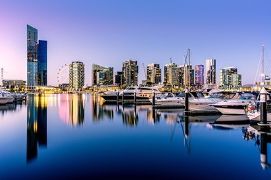yara river in sunset and clear sky at dockland, melbourne, australia