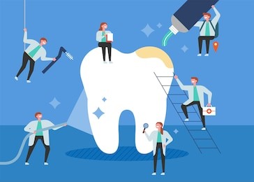 small doctors who treat giant teeth like cures. poster concept vector illustration flat design