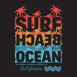 vector illustration on the theme of surfing, ocean, beach and surf in california. vintage design.  typography, t-shirt graphics, print, poster, banner, flyer, postcard