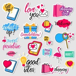 collection of flat design social network stickers. set of stickers, pins, patches and badges vector illustration. stickers for mobile messages, chat, social media, online communication, networking