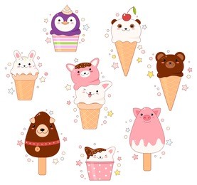 vector set of animal shaped ice cream - vanilla, chocolate, strawberry. in kawaii style with smiling faces, pink cheeks and winking eyes. cat, rabbit, bear, penguin, dog, pig. for sweet design. eps8