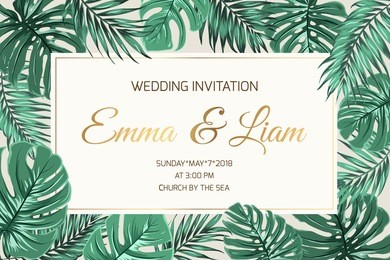 wedding marriage event invitation card template. exotic tropical jungle rainforest bright green palm monstera leaves border frame. horizontal landscape layout. shiny gold gradient text placeholder.
