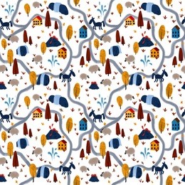 seamless pattern with hand drawn iceland landscape. scandinavian village, forest, sheeps, road. raster map image. great for backdrops, wallpapers, fabric, digital paper, guidebook, travel map.