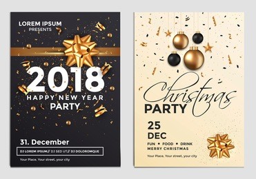 christmas and happy new year brochure design layout template in a4 size with golden ornaments, gift boxes and snowflakes on dark backgroun. abstract modern backgrounds, party poster. vector