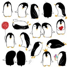 hand drawn set of isolated funny penguins in different poses. 