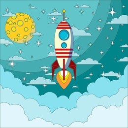 space rocket flying in space with moon and stars on background print illustration