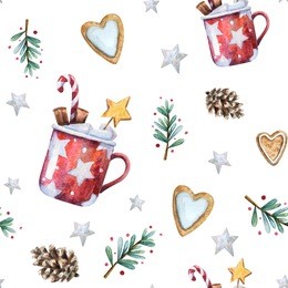 watercolor christmas seamless pattern with traditional decor and elements. branches with berryes, gingerbread hearts, stars, cones and red mugs with hot cocoa or chocolate, cinnamon and marshmallow