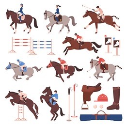 equestrian sport set of flat icons with riders and polo players, horses, gear, hurdles isolated vector illustration