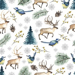 seamless christmas pattern with birds, deer, tree, snowflakes, branches. watercolor hand drawn