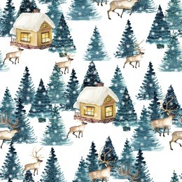 seamless pattern with winter village in the forest. watercolor hand drawn 