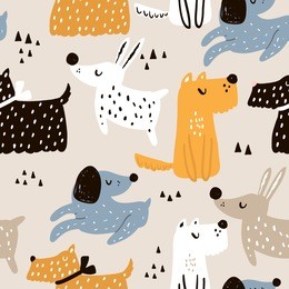 childish seamless pattern with hand drawn dogs. trendy scandinavian vector background. perfect for kids apparel,fabric, textile, nursery decoration,wrapping paper