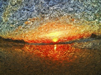 sea sunrise or sunset, clouds and sea waves, impressionism oil painting, brush drawing beautiful view landscape, sketch or van gog style, mixed styles painting, hand drawn  sea view horizon