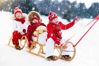 little girl and boy enjoy a sleigh ride. child sledding. toddler kid riding a sledge. children play outdoors in snow. kids sled in alps mountains in winter. outdoor fun for family christmas vacation.