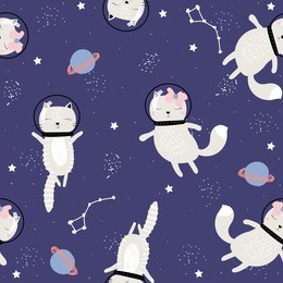 funny cats astronauts flying in open space. cute kids seamless pattern. vector hand drawn illustration.