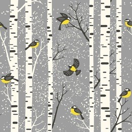 snowy birch trees and birds on grey background. seamless vector pattern. perfect for fabric, wallpaper, giftwrap or postcard design. 