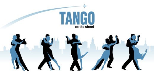 five couples dancing argentinian tango. city skyline and plane flying on the background