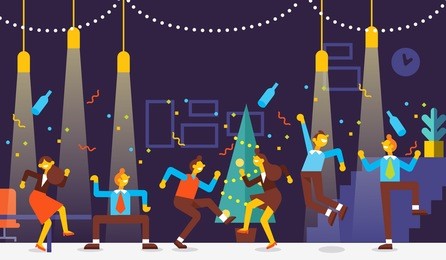 christmas party. business people celebrate merry christmas and happy new year in office. they dancing , having fun and drinking alcohol at a party. cartoon style, flat vector illustration.