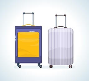 set of realistic travel bags, suitcases for luggage on wheels. bags for travel, recreation, business trips, crossings. plastic and metal suitcases and bags. vector illustration isolated.