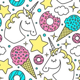 seamless pattern with unicorn, clouds, stars, ice cream, donuts. vector cartoon style cute character