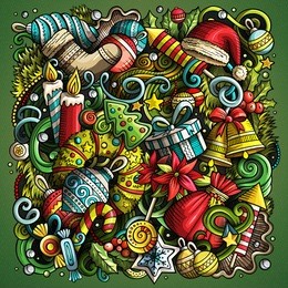 cartoon vector doodles new year illustration. colorful, detailed, with lots of objects background. all objects separate. bright colors christmas funny picture