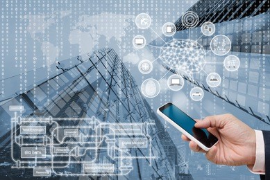 artificial intelligence ai, internet of things iot. business man using smart phone on city background, big data deep learning, smartphone application, 4.0 industrial technology software development