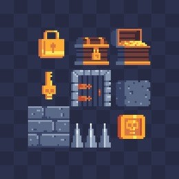 flat pixel art icons set. padlock, chest, gold, doors, key, wall and coin. pixel art style. 8-bit. video game sprite. old school computer graphic style. isolated vector illustration. 