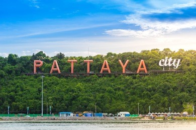 pattaya city alphabet sign on pratumnak hill in the evening. pattaya, thailand.