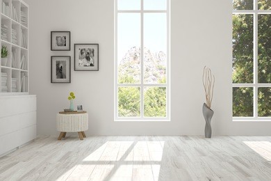 white empty room with summer landscape in window. scandinavian interior design. 3d illustration