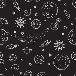 doodle seamless pattern. black and white space.  vector illustration. planets, ufo, rocket, stars isolated on a black background.