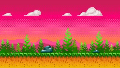 pixel art seamless background. location with forest at evening. landscape for game or application.