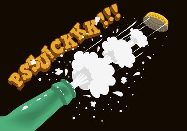 opening of bottle of beer with taking the cap off and making splash. comic style dynamic illustration. vector graphic.