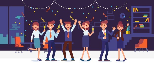 new year party in office. business team celebrate. cartoon style, flat vector illustration.