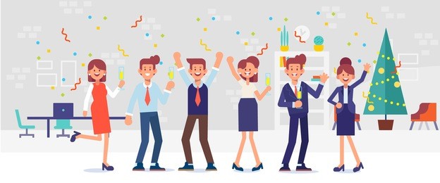 new year party in office. business team celebrate. cartoon style, flat vector illustration.